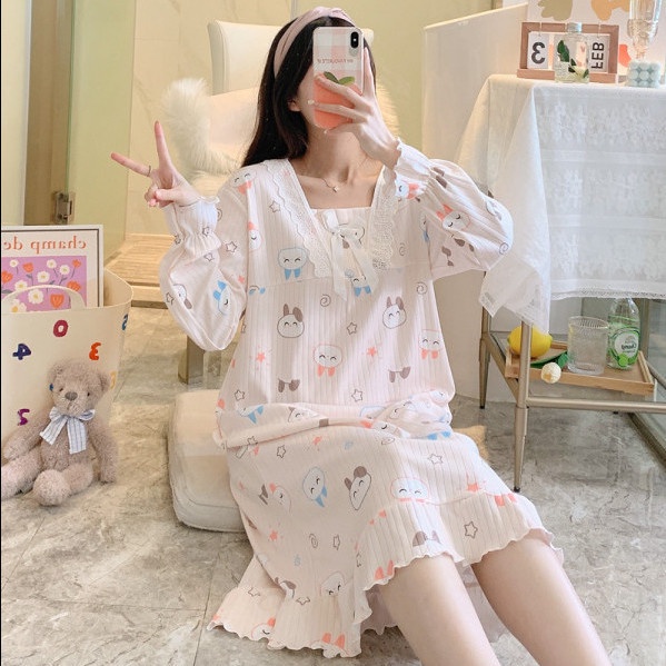 Đầm ngủ cổ vuông dáng rộng tay dài đính nơ phong cách công chúa ngọt ngào xinh xắn đáng yêu dành cho nữ