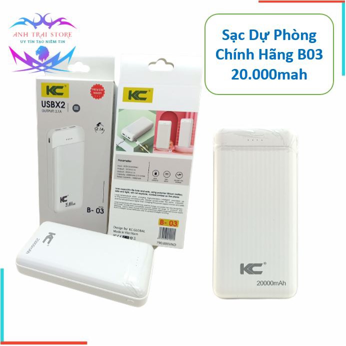 SẠC DỰ PHÒNG 20.000mah CHÍNH HÃNG KC B03 Freeship Extra SDP 20.000mah - Bảo hành 12 tháng