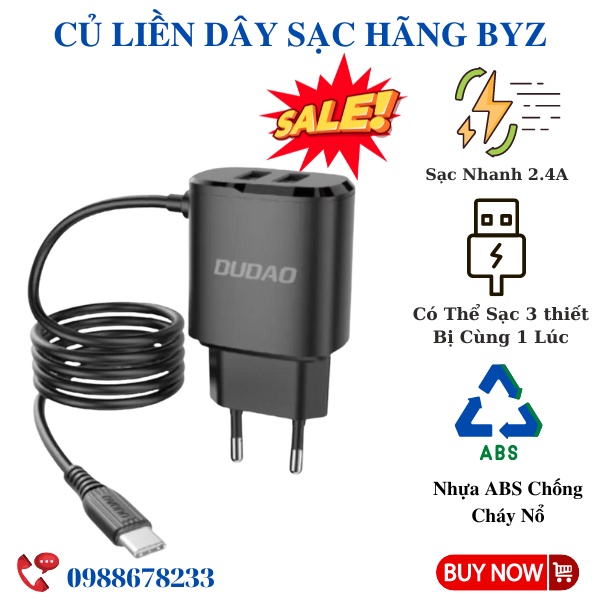 Củ Sạc Nhanh Liền Dây Dudao A2pro 2.4A Kèm 2 Cổng USB Có Thể Sạc Cùng Lúc 3 Thiết Bị Vỏ Nhựa ABS Chống Cháy BH 12 Tháng