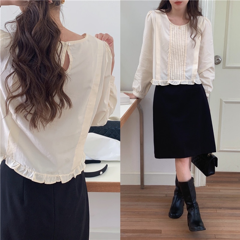 SUXI Áo Sơ Mi Tay Dài Cổ Tròn Dáng Rộng Kiểu Vintage Hàn Quốc Thiết Kế Đơn Giản Cá Tính