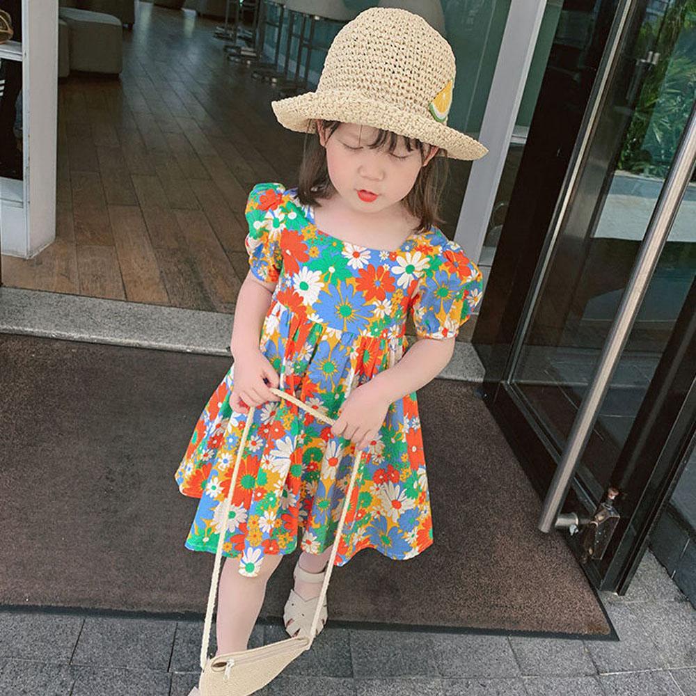 Đầm Hoa Tay Phồng Thời Trang Mùa Hè Hàn Quốc Cho Bé Gái 2-7 Tuổi