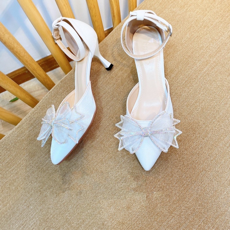 Giày Cao Gót Sandal Nữ Quai hậu nơ đính đá xinh Xuất sắc - cao 5p