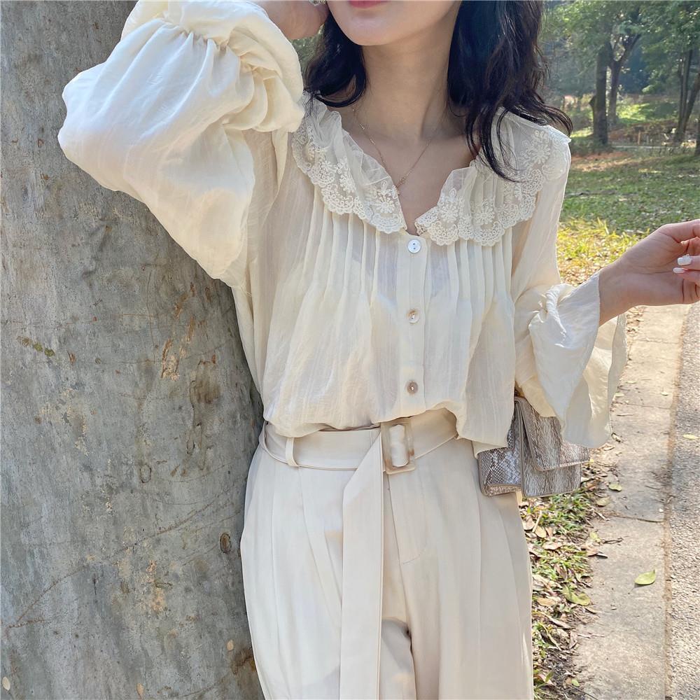 Áo kiểu BH tay dài phối ren hoa thiết kế dáng rộng thoải mái