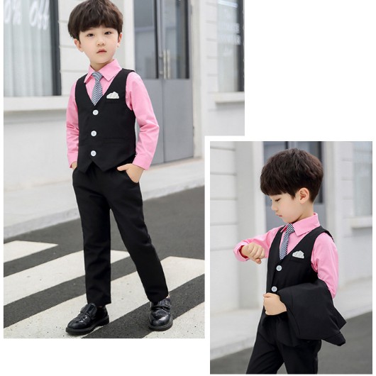 Bộ ghile vest bé trai đen TQB040 gồm 3 chi tiết (Áo ghile + Áo Vest + quần tây) tặng kèm cà vạt