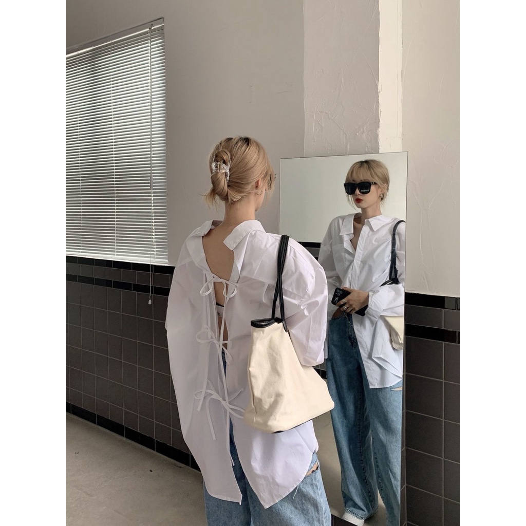 Áo Sơ Mi Trắng Dáng Rộng Dài Vừa Hai Lớp Phía Trước Và Sau Thiết Kế Cảm Giác Thời Trang Hàn Quốc Cho Nữ