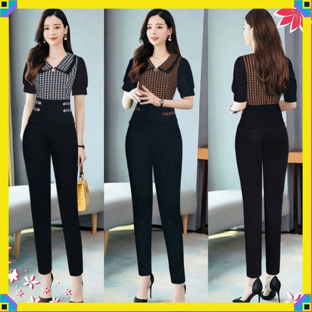 Bộ Đồ Nữ 💝FREESHIP💝 Set nguyên bộ quần dài áo cổ sen phối họa tiết ziczac J1102