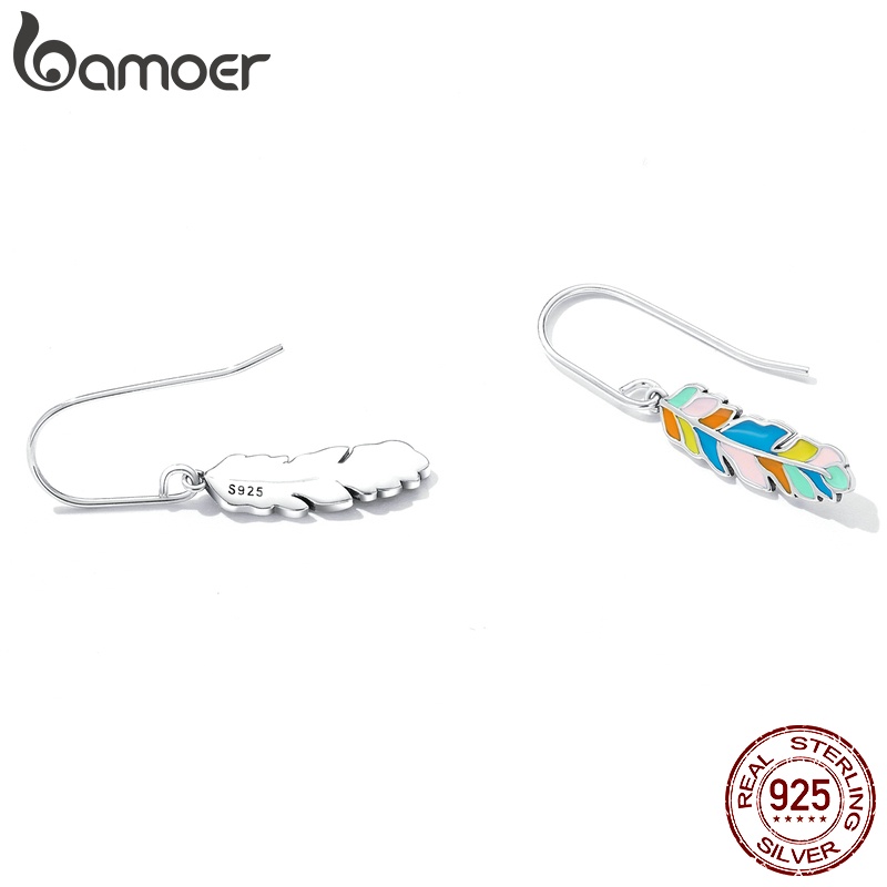 Đôi khuyên tai Bamoer bạc 925 SCE1398 hình lông vũ nhiều màu tùy chọn thời trang