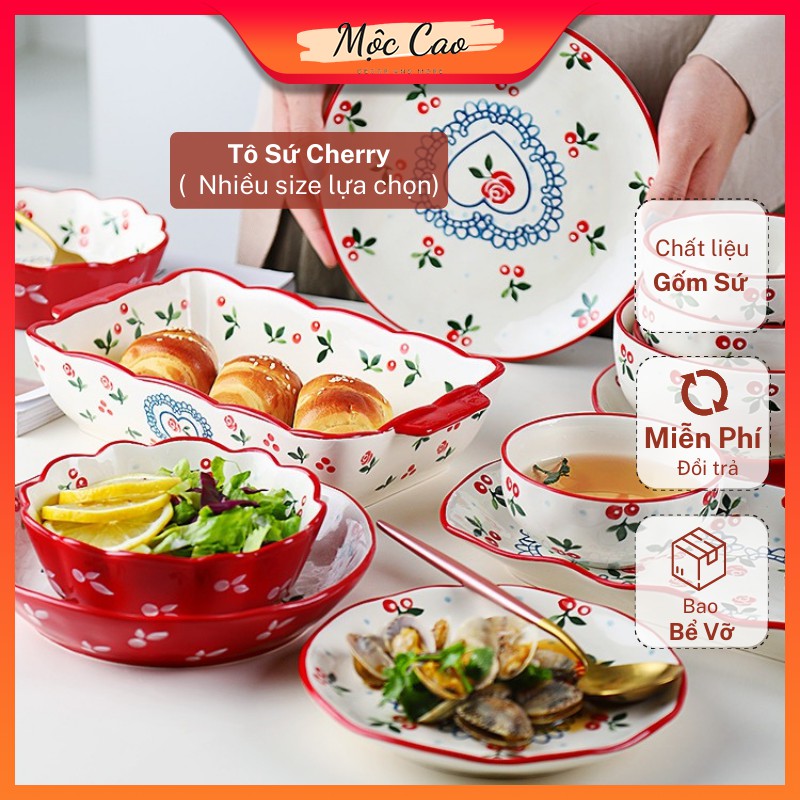 Tô sứ, bát đĩa đẹp phong cách Hàn Quốc họa tiết cherry - Đồ decor cao cấp dùng cho bàn ăn