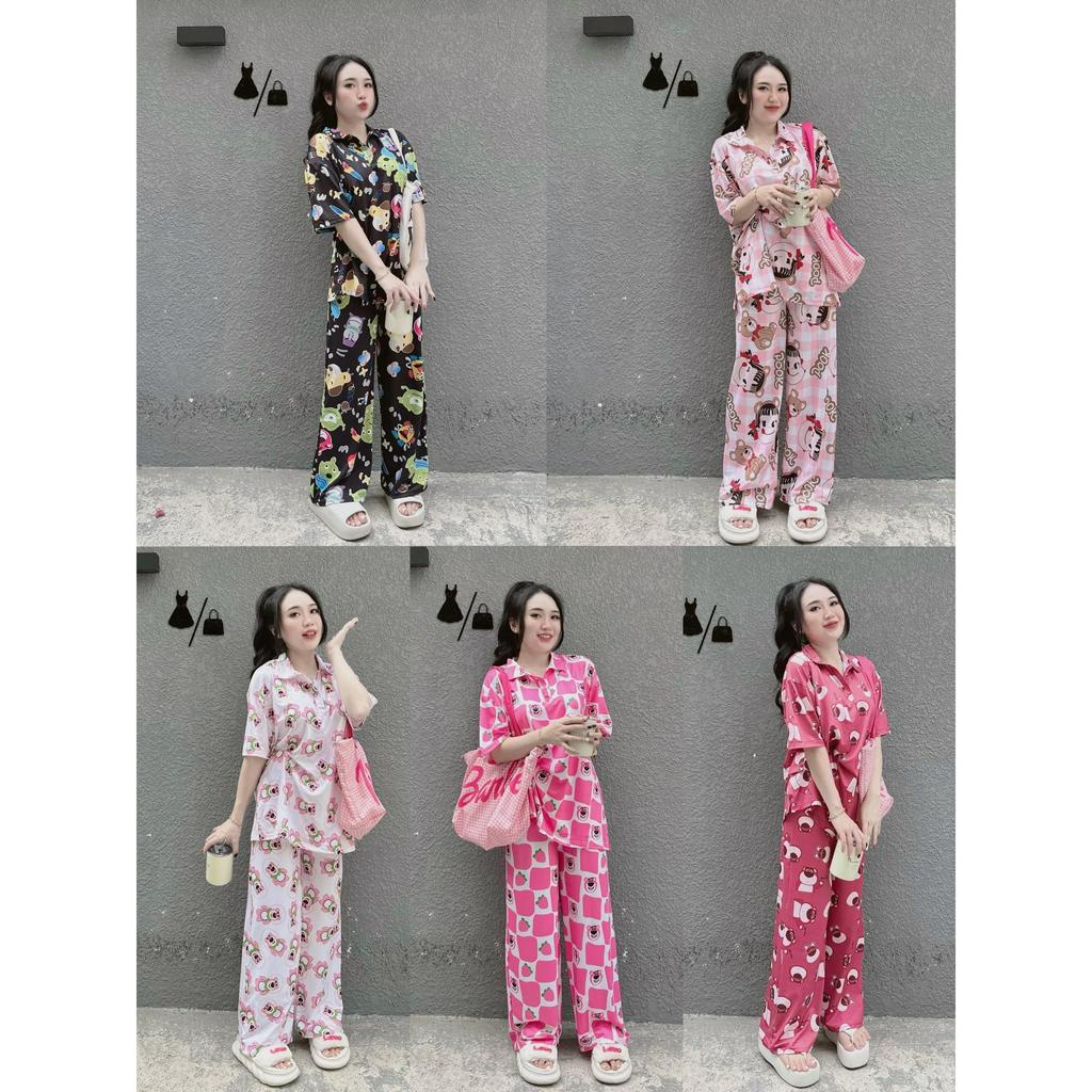 Set đồ bộ nữ đồ ngủ gấu tay ngắn quần dài ống rộng mặc ở nhà đi chơi dạo phố