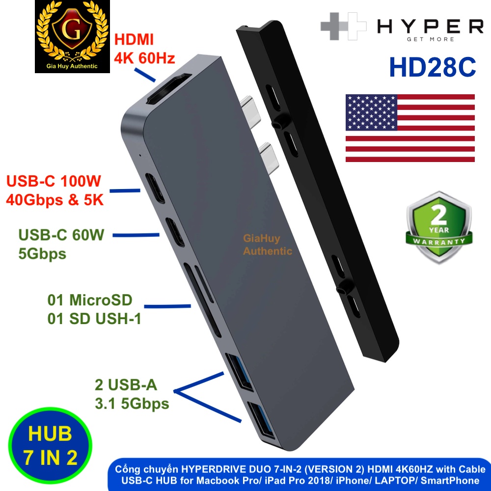 Cổng chuyển HYPERDRIVE DUO 7-IN-2 (VERSION 2) HDMI 4K 60HZ với cáp USB-C HUB 100W PD Macbook Pro/ iPad / iPhone/ Laptop