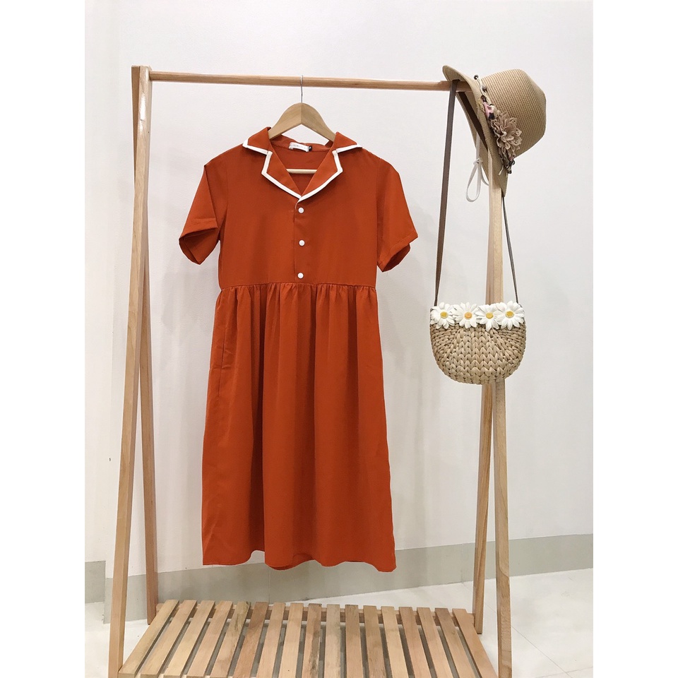 Váy bầu bigsize -Đầm bầu thiết kế GuMe màu cam đất dáng babydoll cổ V bẻ lá chất vải sạn lụa size từ 40-100kg MB220