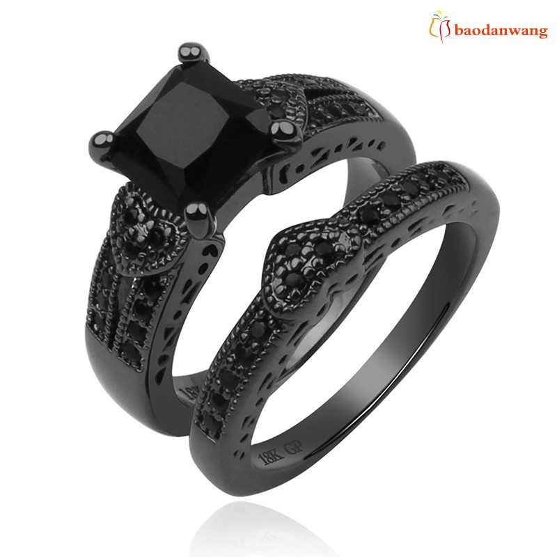 Bộ 2 nhẫn zircon màu đen unisex phụ kiện trang sức dùng làm quà tặng