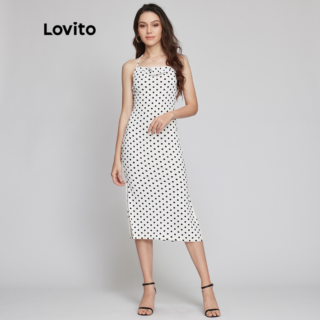 Đầm Lovito phong cách thanh lịch chấm bi cổ xếp nếp hở lưng kiểu đầm dây L26LD068 (màu đen và màu trắng)