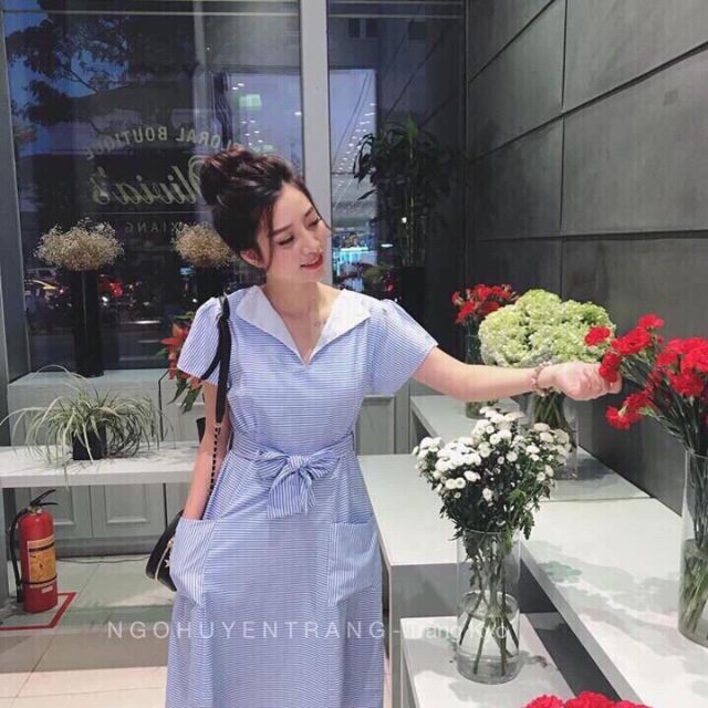 Đầm cổ vest cột eo.