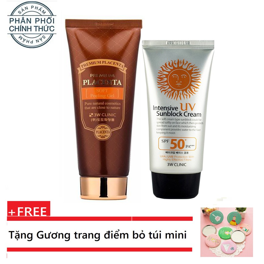 Combo Gel tẩy tế bào chết nhau thai cừu và Kem chống nắng 3W Clinic