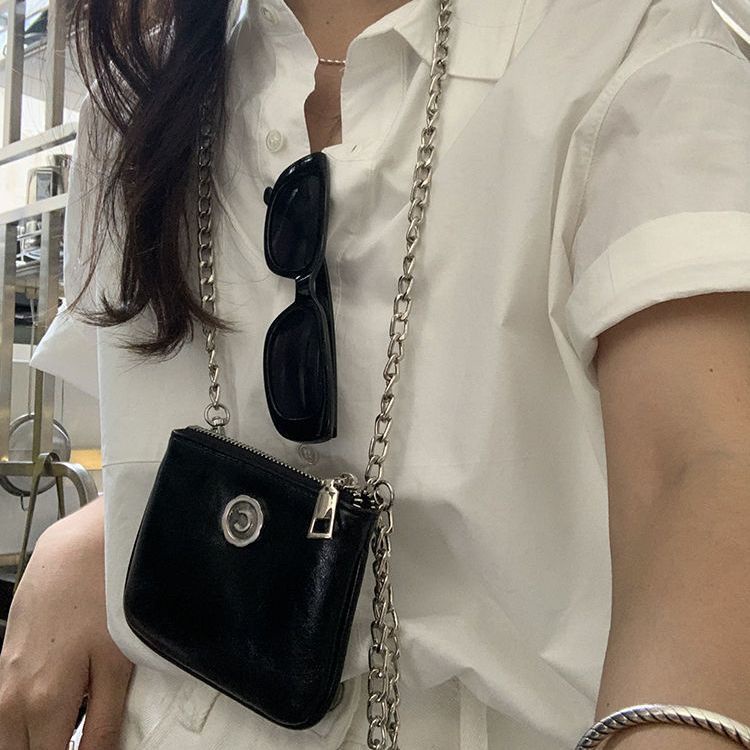 Túi Da Sáp Dầu Đeo Chéo mini Hình Vuông Phối Dây Xích Phong Cách Hàn Quốc Cho Nữ