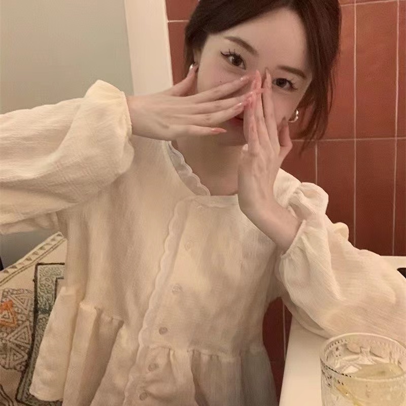 Áo Kiểu Hàn Quốc Tay Dài Cổ Tròn Dáng Rộng Thời Trang Cho Nữ