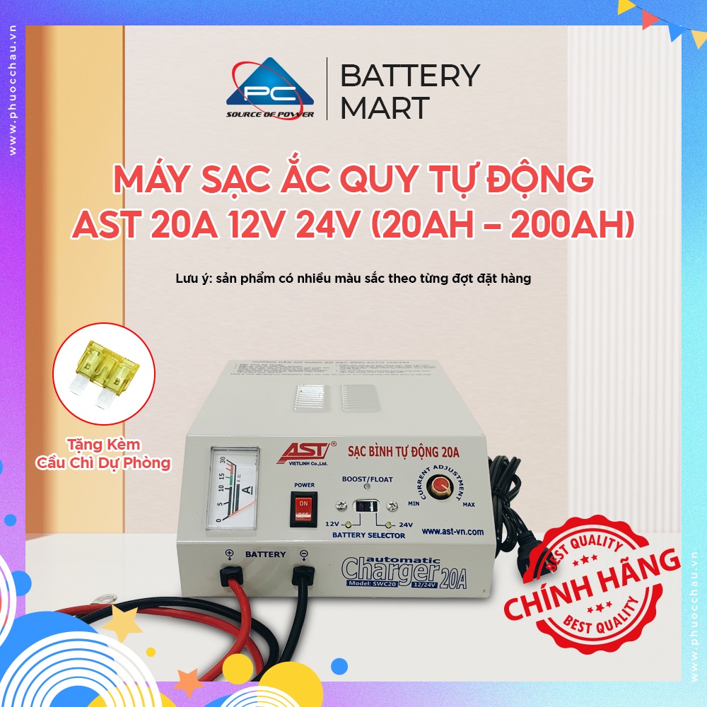 Sạc Ắc Quy Tự Động AST 20A 12V 24V, Bộ sạc bình ắc quy từ 20ah - 200ah