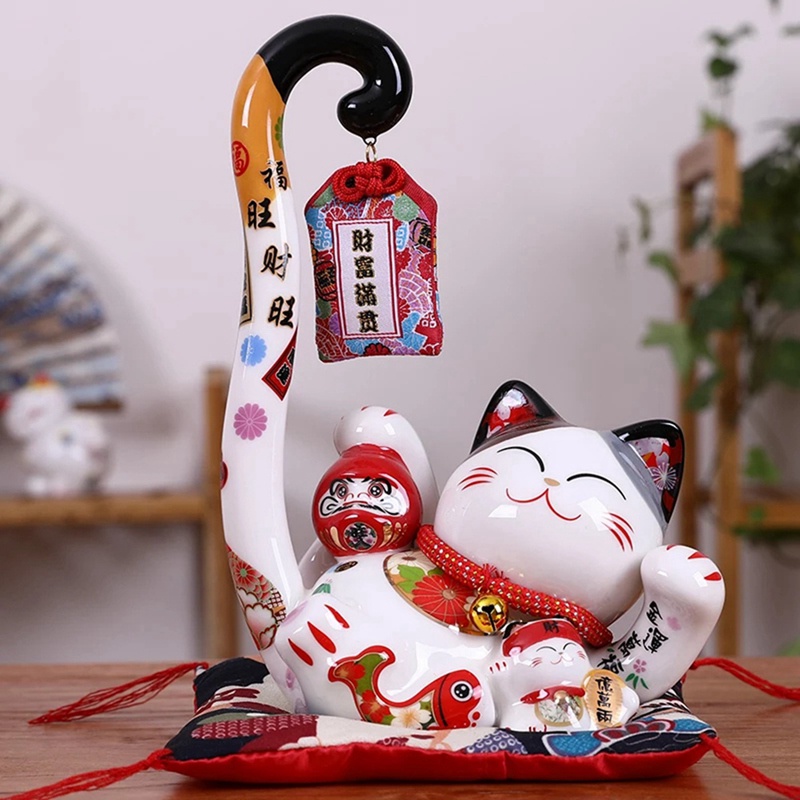 Hộp Đựng Tiền Xu Hình Mèo May Mắn Đuôi Dài 8.6 Inch Bằng Sứ Kiểu Nhật Bản Dùng Trang Trí Nhà Cửa