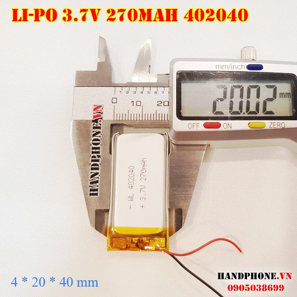 Pin Li-Po 3.7V 270mAh 402040 (Lithium Polymer) cho máy nội soi, định vị GPS, cân điện tử, máy ghi âm, camera hàng trình