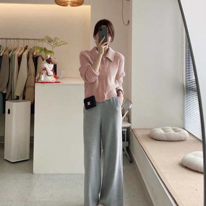 Áo Cardigan Len Cổ Polo Peter Pan Dáng Ngắn Ôm Kẻ Sọc Dọc Màu Tím Khoai Môn Nhẹ Nhàng Cho Nữ