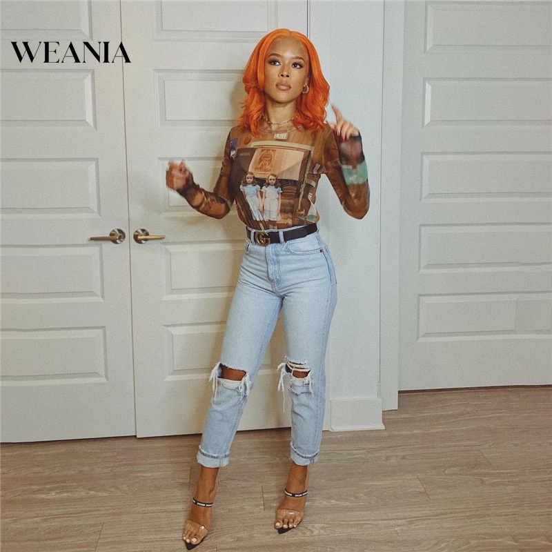 Áo Thun Tay Dài Phối Lưới In Họa Tiết Nghệ Thuật Thời Trang Cho Nữ