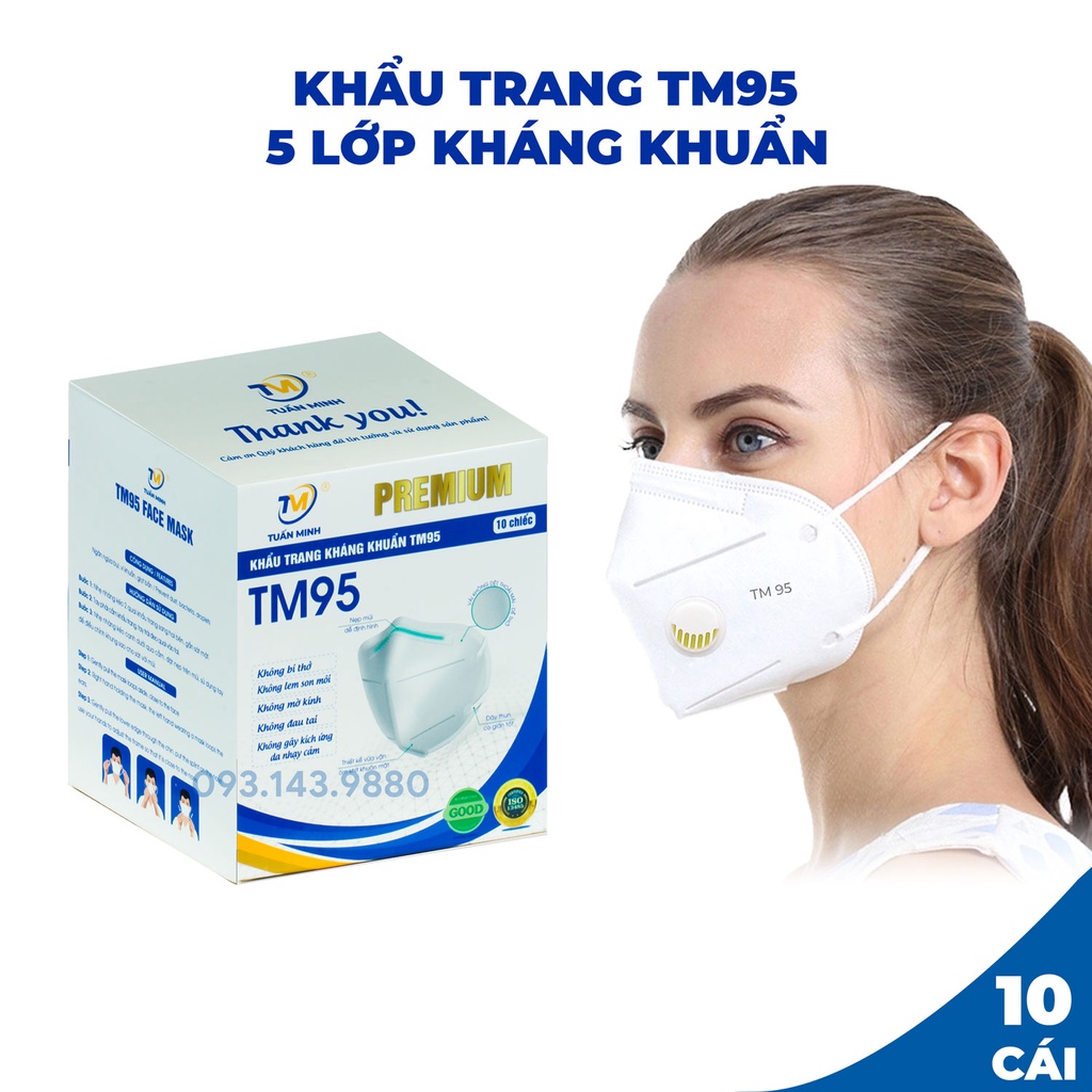 Khẩu Trang N95 Chính Hãng Tuấn Minh (TM95) Mask 5 Lớp Kháng Khuẩn Có Van Hộp 10 Cái
