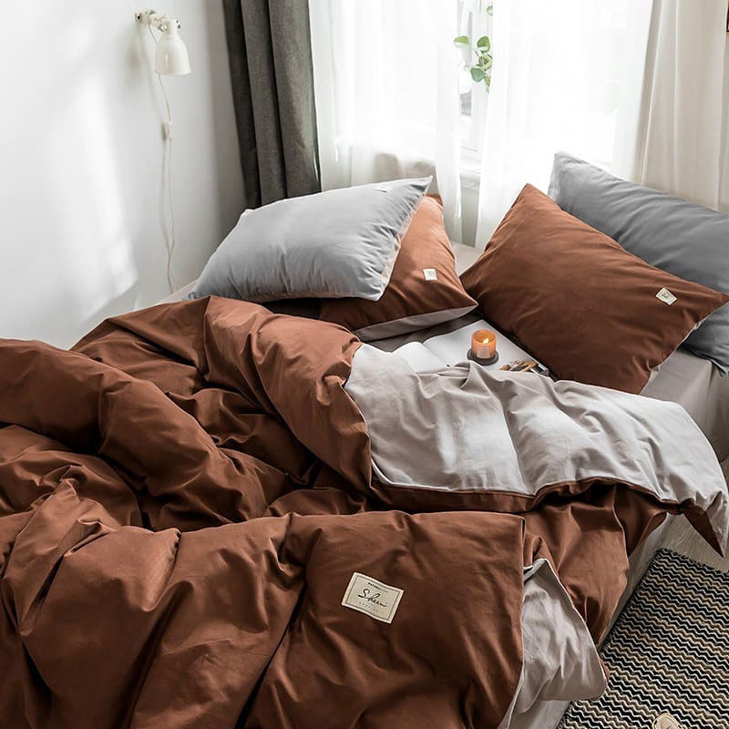Bộ chăn ga gối đệm trải giường cotton tici bedding nhập khẩu Hàn Quốc  mẫu nâu vintage phối màu mới nhất - Ngân Khánh