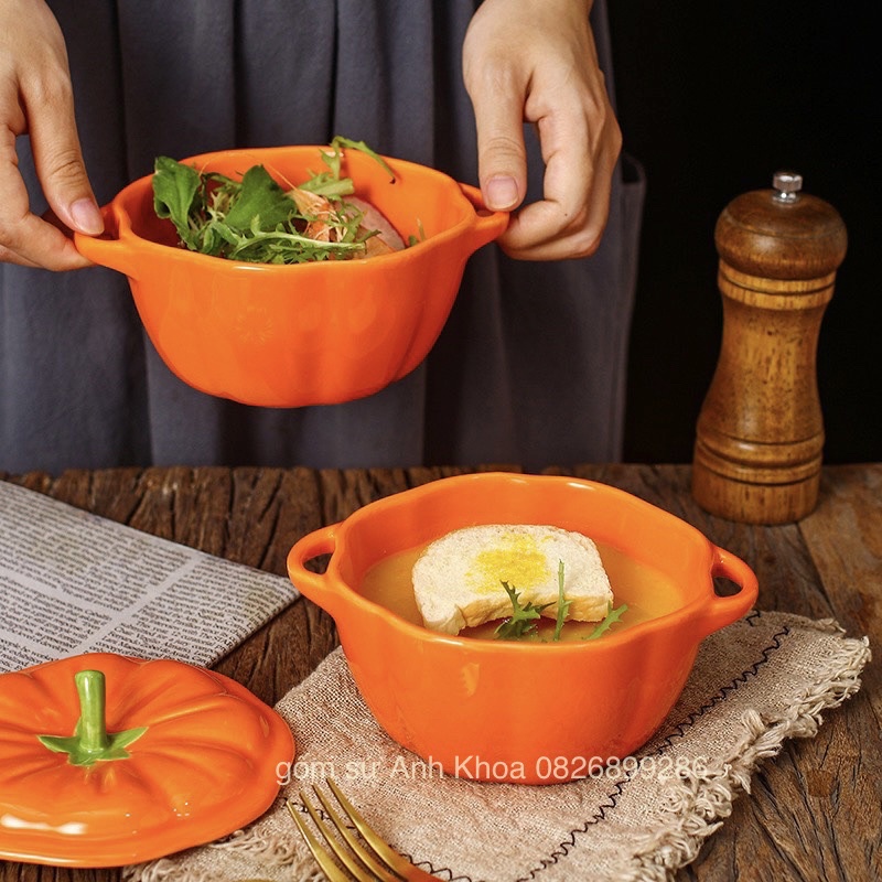 Bộ chén dĩa sứ Bát ăn cơm Đĩa sưd Dễ thương Decor cao cấp Bát tô hình quả bí siêu đáng yêu
