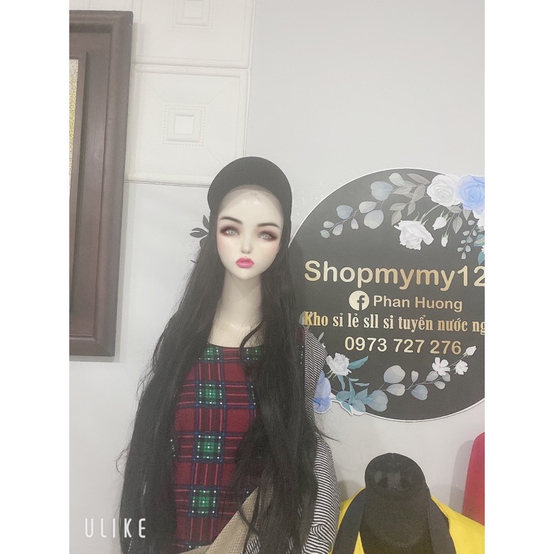 tóc giả gắn mũ kết đen xoăn dài