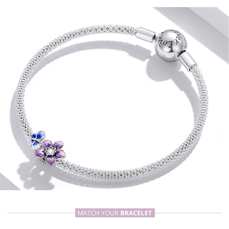 Hạt phụ kiện Bamoer SCC2094 bằng bạc 925 hình bông hoa và bươm bướm làm vòng tay DIY thời trang