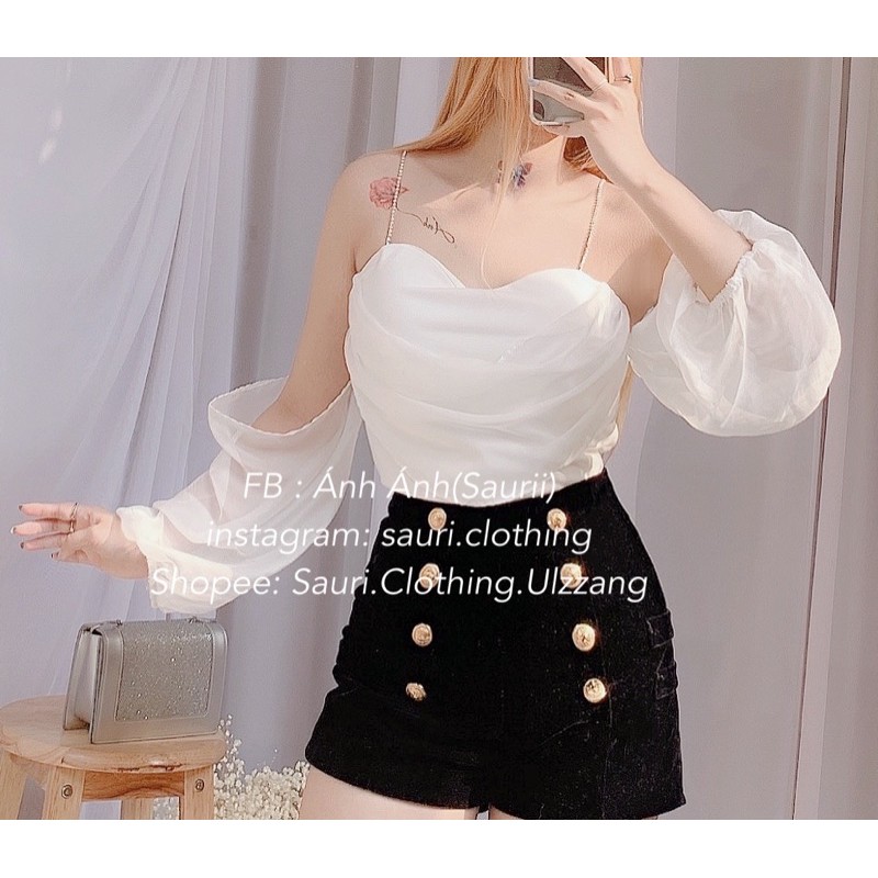 🖤Áo kiểu trễ vai tiểu thư sang chảnh dây đính đá kim tuyến bling bling dự tiệc|Áo hai dây ulzzang lấp lánh xinh