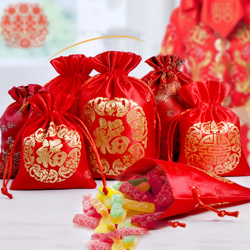 Túi Dây Rút Màu Đỏ May Mắn Phong Cách Trung Hoa Cho Năm Mới