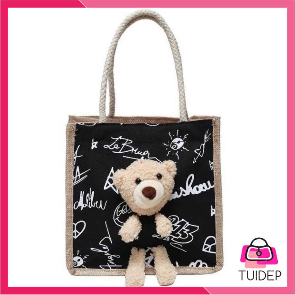 Túi cói xách tay nữ hình GẤU bông kute Hàn Quốc vải dệt lanh canvas túi xinh cho bé đi chơi biển giá rẻ Tuidepstore
