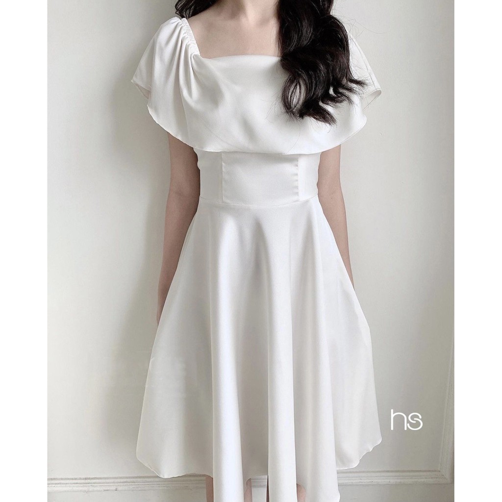 Đầm Trắng Nữ Chun Vai Cổ Vuông 🦋 Váy Nữ Eo Thun Cộc Tay Chất Đũi Dáng Xòe 🦋 | BigBuy360 - bigbuy360.vn