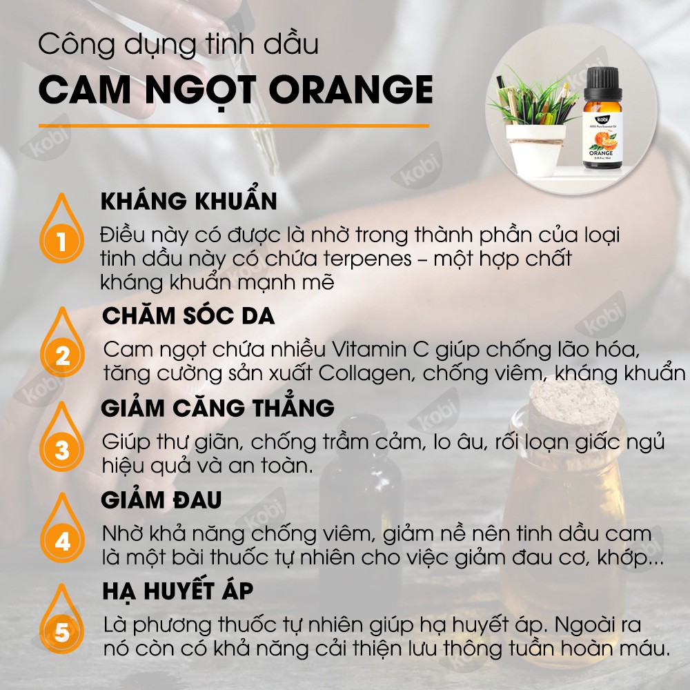 Tinh dầu Cam Ngọt Kobi Orange essential oil giúp thơm phòng, chống trầm cảm, kích thích miễn dịch - 10ml