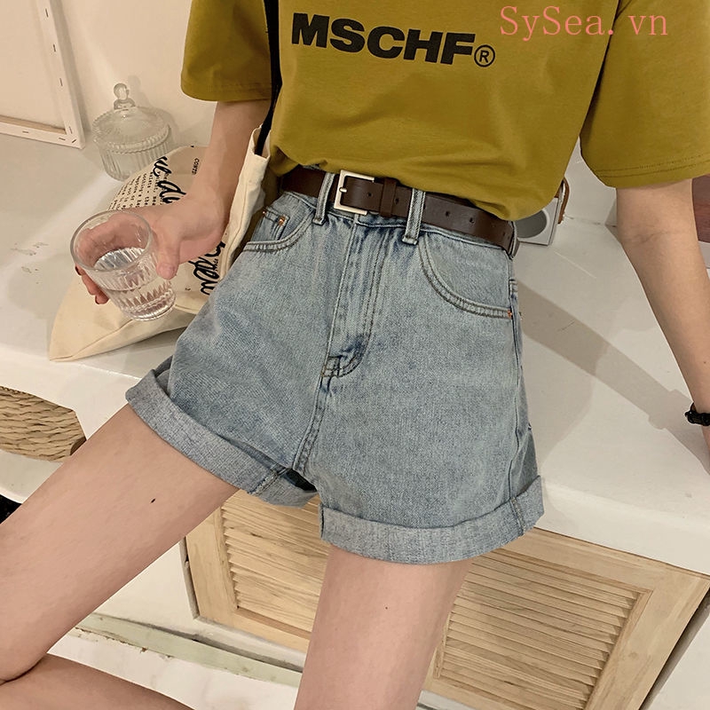 Quần Ngắn Denim Ống Rộng Cạp Cao Phong Cách Hàn Quốc Cho Nữ