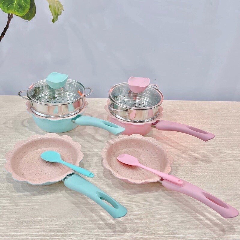 BỘ nồi chảo ăn dặm cho bé,bộ nồi ăn dặm,nồi chảo quấy hình hoa,kèm xửng hấp