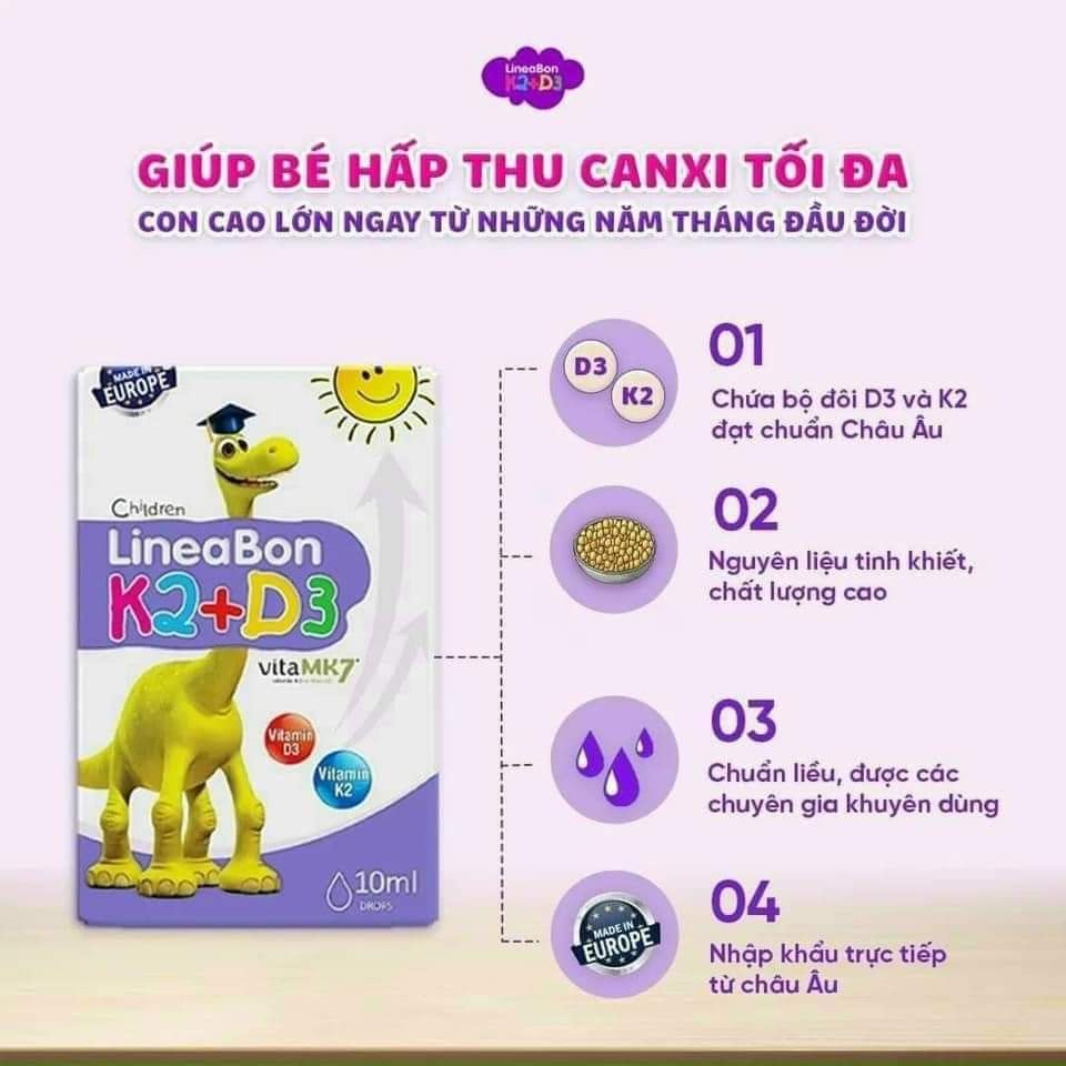 Lineabon k2 d3 10ml Vitamin d3 k2 giúp bổ sung d3 k2 mk7 tăng hấp thu canxi tối đa cho trẻ phát triển toàn diện