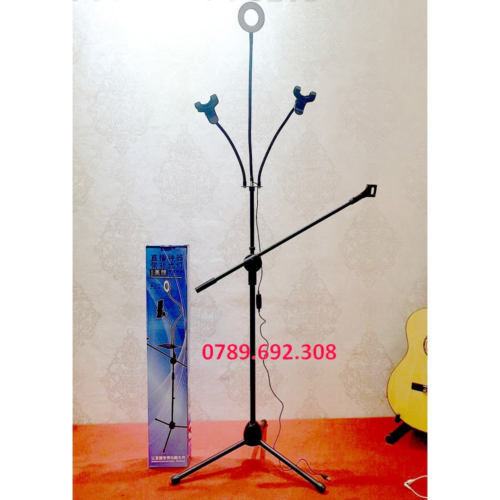 Chân đế micro đứng bom mic stand kèm đèn livestream và giá đỡ điện thoại tiện lợi