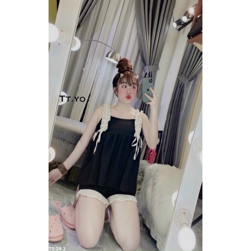 Set bộ lụa áo baby doll 2 dây bèo quần đùi viền dễ thương