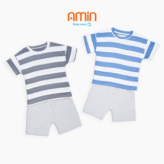 Set đồ bé trai 1-3 tuổi phong cách Hàn Quốc năng động áo thun sọc ngang và quần ngắn