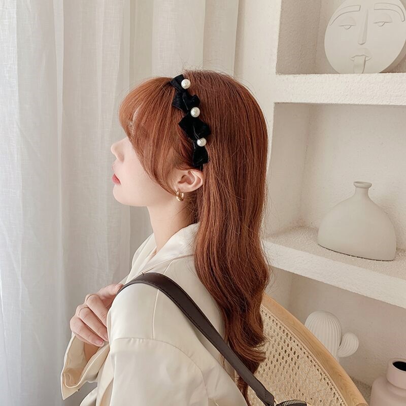 Băng Đô Mỏng Đính Ngọc Trai Màu Đen Đa Năng Phong Cách Hàn Quốc