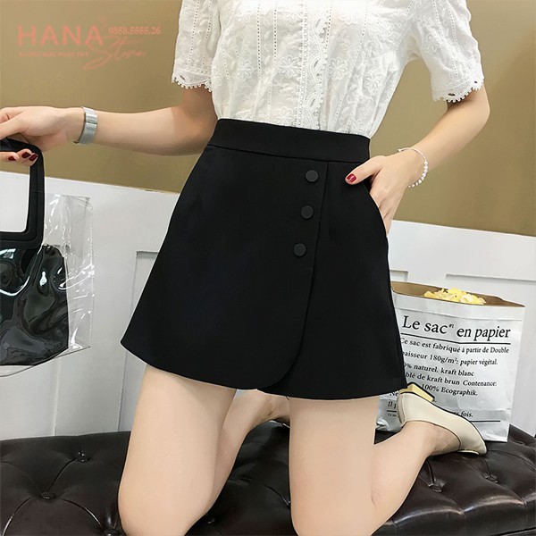 Quần giả váy ngắn chũ A màu đen ôm vạt chéo phối 3 cúc bấm - Kiểu chân váy ngắn dáng chữ A vải - Mặc đi làm công sở học | BigBuy360 - bigbuy360.vn