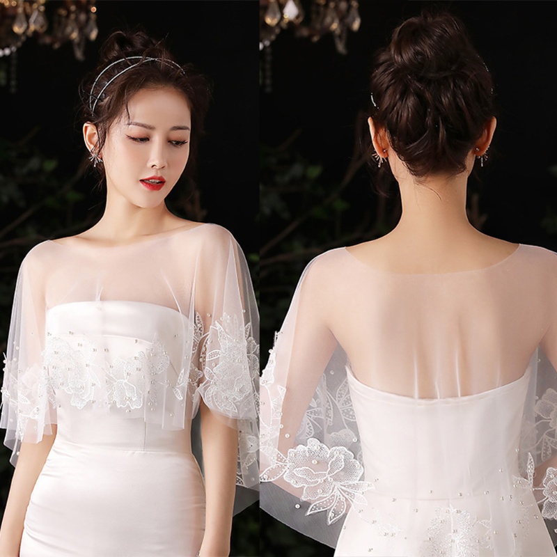 Xiangbao Khăn Choàng Ren Thêu Hoa Đính Hạt Ngọc Trai Giả Cho Cô Dâu Bolero Tulle C