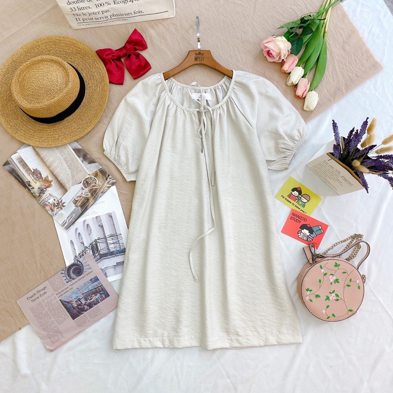 KÈM ẢNH THẬT❤Đầm suông vàng xám tay phồng cột nơ xd