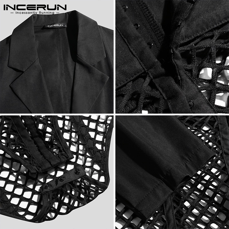 Áo liền quần INCERUN tay dài cổ bẻ may ghép lưới xuyên thấu dành cho nam giới