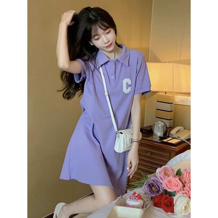 Jiashucheng Đầm Ngắn Tay Cổ polo Dáng Chữ A Phong Cách Preppy Thời Trang Mùa Hè Giản Dị Dành Cho Nữ