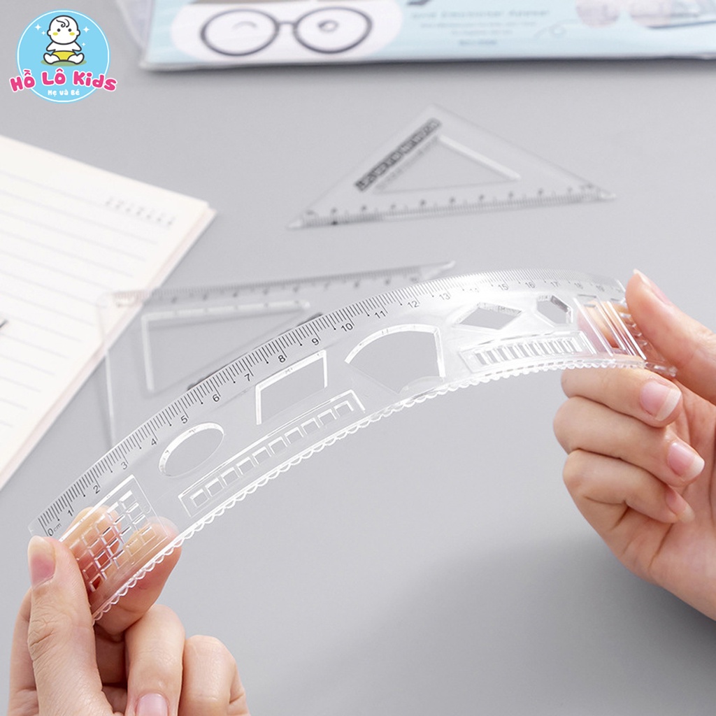 Bộ eke thước kẻ học sinh dụng cụ 4 chiếc trong suốt cute nhiều kích cỡ Hồ Lô Kids