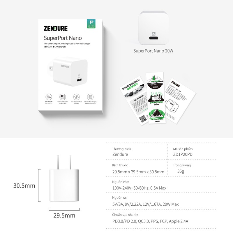 ⚡⚡Sạc Nhanh 20W iPhone 12 Zendure SuperPort Nano Siểu Nhỏ, PD.30/QC3.0/PPS/FCP Sạc Nhanh Tất Cả Các Dòng Máy iPhone